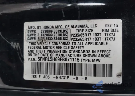 2015 Honda Odyssey Ex-L from USA, damaged, VIN 5FNRL5H69FB071115